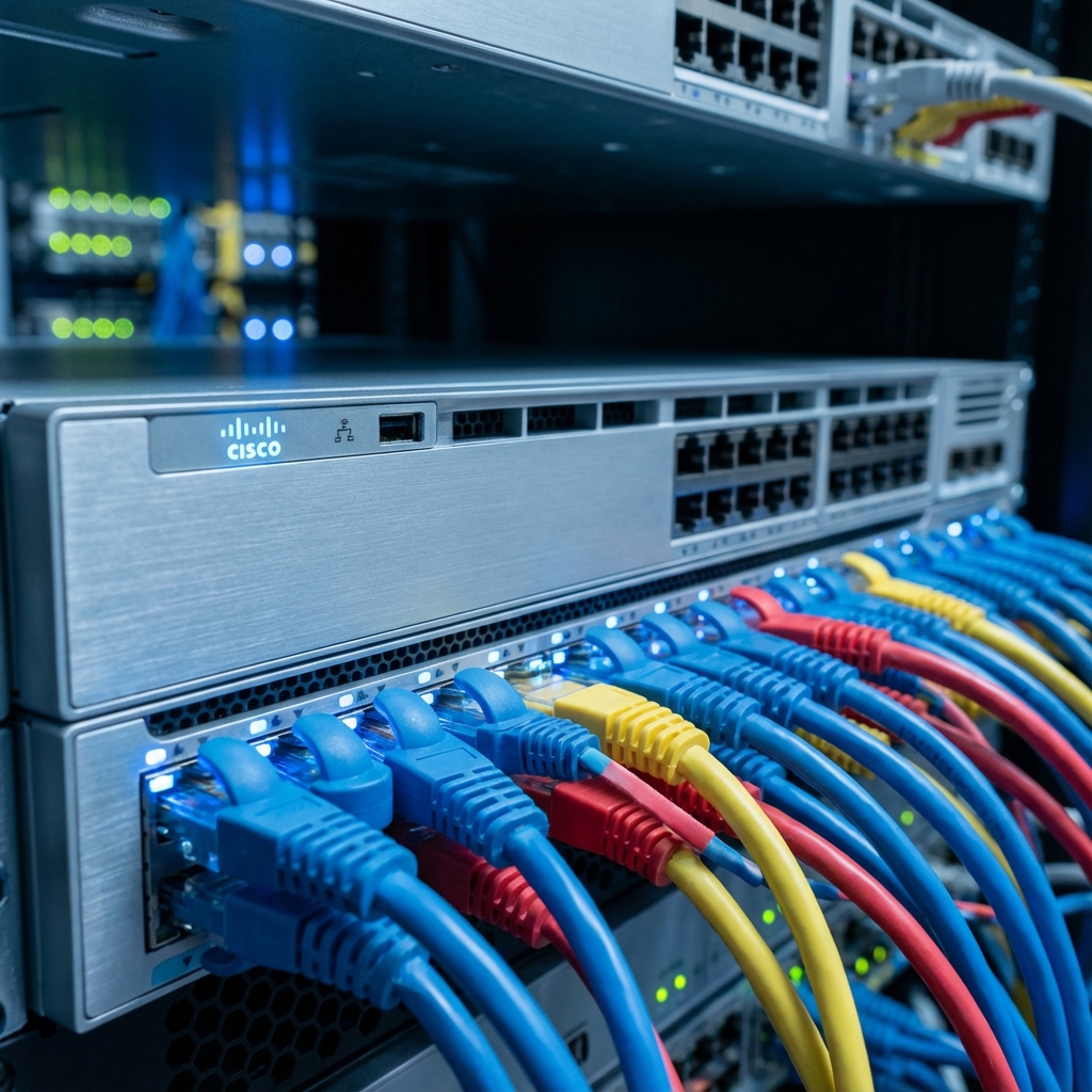 Close-up of network switches and Ethernet cables in a data center
